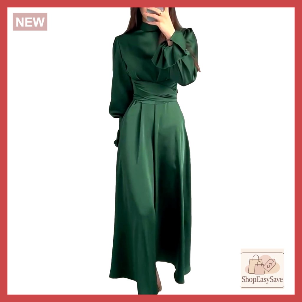 Satin Maxi Dress Elegant Lantern Sleeve Mock Neck Tie Waist Cocktail Party Wear